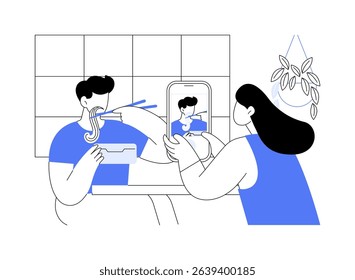 Tasting local specialties isolated cartoon vector illustrations. Happy couple in local restaurant, woman takes photos of man tasting new dish, city trip, cultural experience vector cartoon.