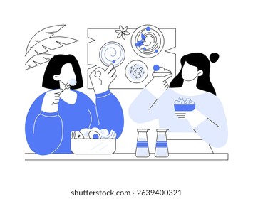 Tasting new food isolated cartoon vector illustrations. Attractive girls enjoying tasty food, traditional cuisine, delicious meal, travel with friends, gastronomy concept tour vector cartoon.