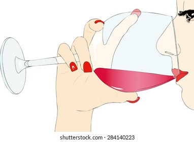 Tasting red wine - Illustration representing a woman who taste a glass of red wine