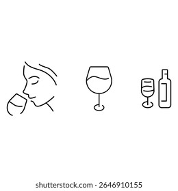 Tasting wine, wine glass, serving wine bottle, customizable stroke, vector, illustration