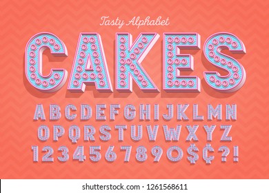 Сomical tasty 3d display font design, alphabet, letters and numbers. Swatch color control.