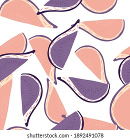 Tasty abstract seamless food pattern with fig fruit silhouettes. Pink and purple ornament on white background. Decorative backdrop for fabric design, textile print, wrapping. Vector illustration.