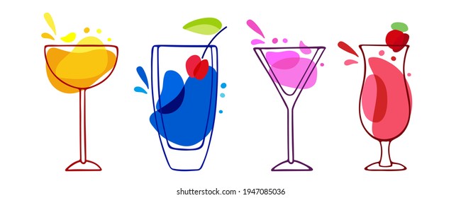 Tasty Alcoholic Cocktails Set. Various Colored Drinks. Mixed Drinks. Bright Pink Cocktails In Glass. Fresh Exotic Tropical Beach Bar. Flat Cartoon Vector Icon On White Background