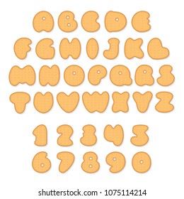 Tasty alphabet, vector set of biscuit letters and numbers isolated on white background