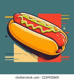 Tasty American hot dog sandwich with ketchup and mustard poster template vector illustration