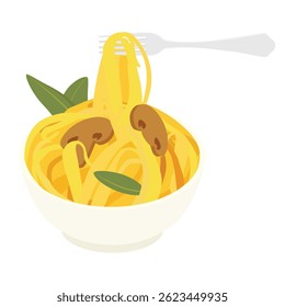 Tasty appetizing classic italian spaghetti pasta with tomato sauce, mushrooms, cheese parmesan and basil in a bowl. Eating with fork yummy pasta. Vector illustration