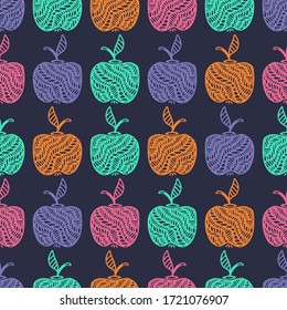 Tasty apple seamless pattern. Hand drawn abstract apples fruit in cute doodle style on dark background. Food design for kitchen, apron and tablecloth. Good for fabric and textile.