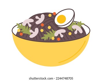 Tasty Asian food with eggs and mushroom flat icon. Vector illustration