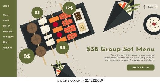 Tasty Asian food, Oriental cuisine in restaurant or cafe. Group set menu for 38 dollars. Sales and discounts for clients and customers. Website or web shop, landing page template, vector in flat style