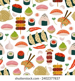 Tasty asian food seamless vector pattern. Japanese and Korean snacks with seafood - gyoza, kimchi, sushi maki, tteokbokki. Spicy ingredients - garlic, wasabi, pepper, ginger. Flat cartoon background