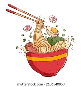 fideos asiáticos deliciosos o ramen japonés con estilo de dibujo manual colorido