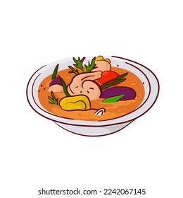 Tasty asian soup with seafood - colorful vector illustration