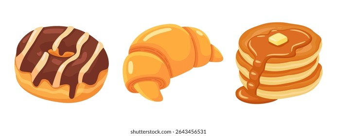Saboroso sortimento de doces, incluindo uma rosquinha de chocolate, croissant amanteigado e panquecas xaroposas, perfeito para temas de café da manhã.