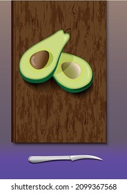 Tasty avocado on board with knife, eps 10, vector illustration of healthy fresh green food, vegetable organic diet, seed core, nature product full of vitamin
