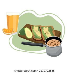 Tasty avocado toasts with coffee pot and glass of orange juice o