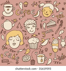 Leckerer Hintergrund. Kuchen, Tee, Kaffee und viel Lächeln