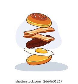 leckere Speck Ei Burger in explodierter Ansicht mit gegrilltem Rindfleisch patty Speck Streifen und Sesambun Vektorkunst