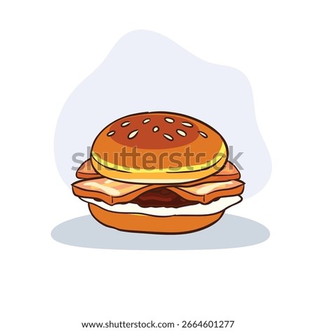 tasty bacon and egg burger with grilled beef patty and sesame bun food vector design in cartoon style
