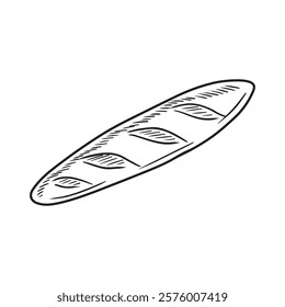 Tasty baguette bread ink drawing isolated on white background. Hand drawn vector sketch illustration in doodle engraved vintage line art style. French bakery pastry design, package drawing, menu