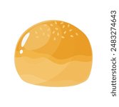 Tasty baked burger bun with sesame seeds in flat cartoon style. Wheat bread roll, brioche, homemade with yeast dough. Isolated bakery food illustration for poster, banner, card, advertising