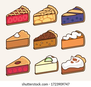 Tasty baked pie collection and different flavors: strawberry  apple  blueberry  pumpkin  peanut  sweet potato  cherry  lime   lemon  chocolate Traditional sweet dessert pastry icon vector drawing 