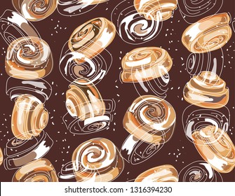 Tasty Bakery pattern. Cinnamon rolls seamless pattern.  