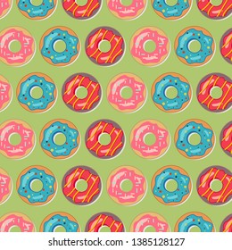 Tasty bakery product. Donut pattern. Set of delicious colorful donuts. Food design.  Vector illustration.