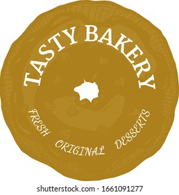 Tasty bakery vintage label. Fresh original desserts logotype. Round sweet baked cookies design and lettering in circle. Homemade pastry, traditional rustic confectionary logotype