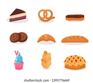 Tasty baking, pastry flat vector illustration set. Delicious confectionery, bread products. Cafe dessert menu, bakery assortment. Candy shop, sweets store isolated design elements collection