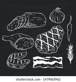 Tasty Barbecue Meat Collection With Spices by Using Sketch Style on Chalkboard Background