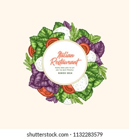 Tasty basil and mozarella design template. Engraved illustration. Italian ingredients. Caprese ingredients. Vector illustration