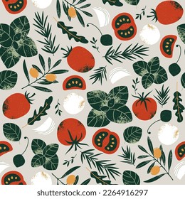 Tasty basil, mozzarella, tomato, olive, garlic seamless pattern. Italian ingredients. Caprese ingredients. Vector illustration