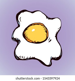 Tasty beater flat poultry yelk omlett shape on light pan backdrop. Bright yellow color hand drawn diner menu. Hen farm logo emblem in retro art doodle style on paper space for text. Close up top view