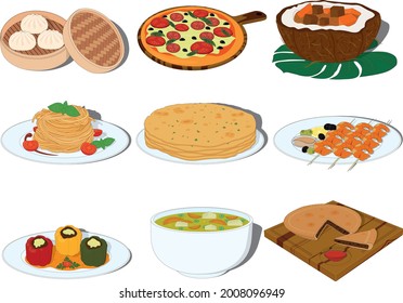Tasty and beautiful dishes of different countries cuisine vector illustration