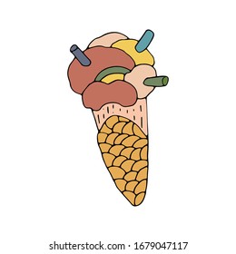 Tasty beautiful ice cream balls in waffle cone. Vanilla, banana, strawberry flavors ice dessert. Vector hand drawn illustration isolated on white background. Great design for t-shirt and sweets store.