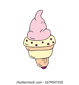 Tasty beautiful ice cream cone in a waffle cup. Strawberry ice dessert. Vector hand drawn illustration isolated on white background. Great design for t-shirt, sweets store, cafes and shops.