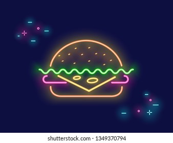 Tasty beef burger with cheese symbol in neon light style on dark background. Bright vector neon illustration of hamburger or cheeseburger symbol for ad template, website banner or landing page
