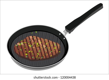 Tasty beef steak grilling in a cast-iron ribbed fry pan