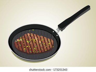 Tasty beef steak grilling in a cast-iron ribbed fry pan