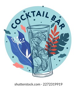 Tasty beverage with ice cubes and lemon, mint herbs and alcohol. Isolated label with foliage and decorative leaves. Menu of cafe, bar or restaurant. Monochrome sketch vector in flat style illustration