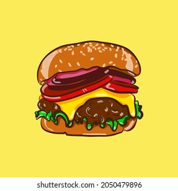 Tasty big burger vector illustration. American styled fast food. Two seasam buns stuffed with meet burger, cheese, tomatoes, sliced red onion rings and salad leaves. Street food elements.