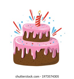 tasty birthday cake with candle, hand drawn vector clipart