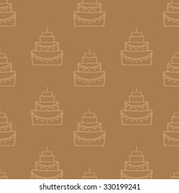 Tasty birthday cake illustration, wedding cake isolated, pie with candle, dessert for celebrating  seamless pattern
