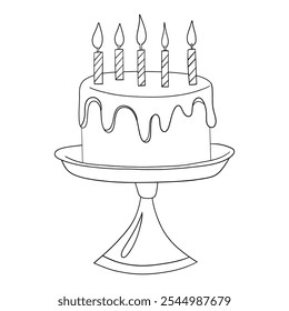 Tasty birthday cake on a tray with 5 candles, outline for coloring, perfect for fun and creative birthday designs.