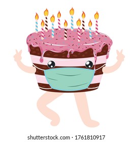 Tasty birthday chocolate cake with pink icing and candles wears face mask, quarantine party.