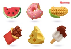 Tasty Bites Food, Watermelon, Donut, Corn, Chocolate, Cheese, Ice Cream. 3d Vector Icon Set