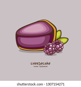 Tasty blackberry cheesecake vector illustration. Traditional berries dessert. Sweet cake illustration for decoration bakery, menu and logo. Cute food.