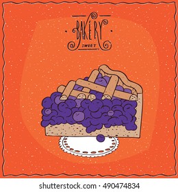 Tasty blue berry pie, blueberry or currant, lie on lacy napkin. Red background and ornate lettering bakery. Handmade cartoon style. Vector illustration