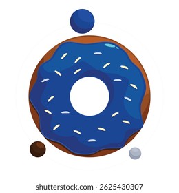 Tasty blueberry donut rotating in space with chocolate and vanilla drops like moons, orbiting around it