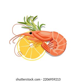 Tasty boiled shrimp, rosemary and lemon on white background